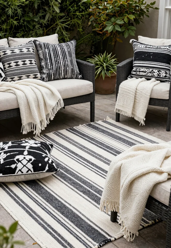 18 Black and White Patio Ideas With Bold Contrast - 2. Striking Black and White Textiles 1