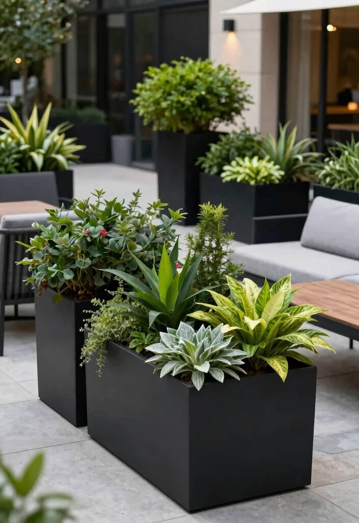 18 Black and White Patio Ideas With Bold Contrast - 3. Bold Black Planters 1