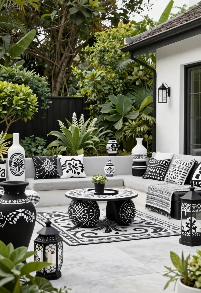18 Black and White Patio Ideas With Bold Contrast - 5. Artistic Black and White Accents 1