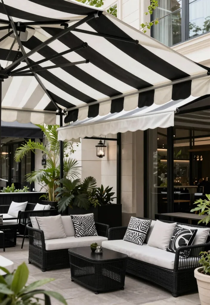 18 Black and White Patio Ideas With Bold Contrast - 6. Elegant Awning Solutions 1