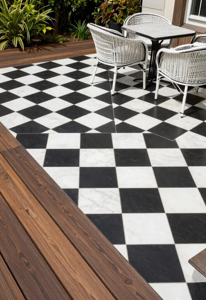 18 Black and White Patio Ideas With Bold Contrast - 7. Contrasting Flooring Ideas 1
