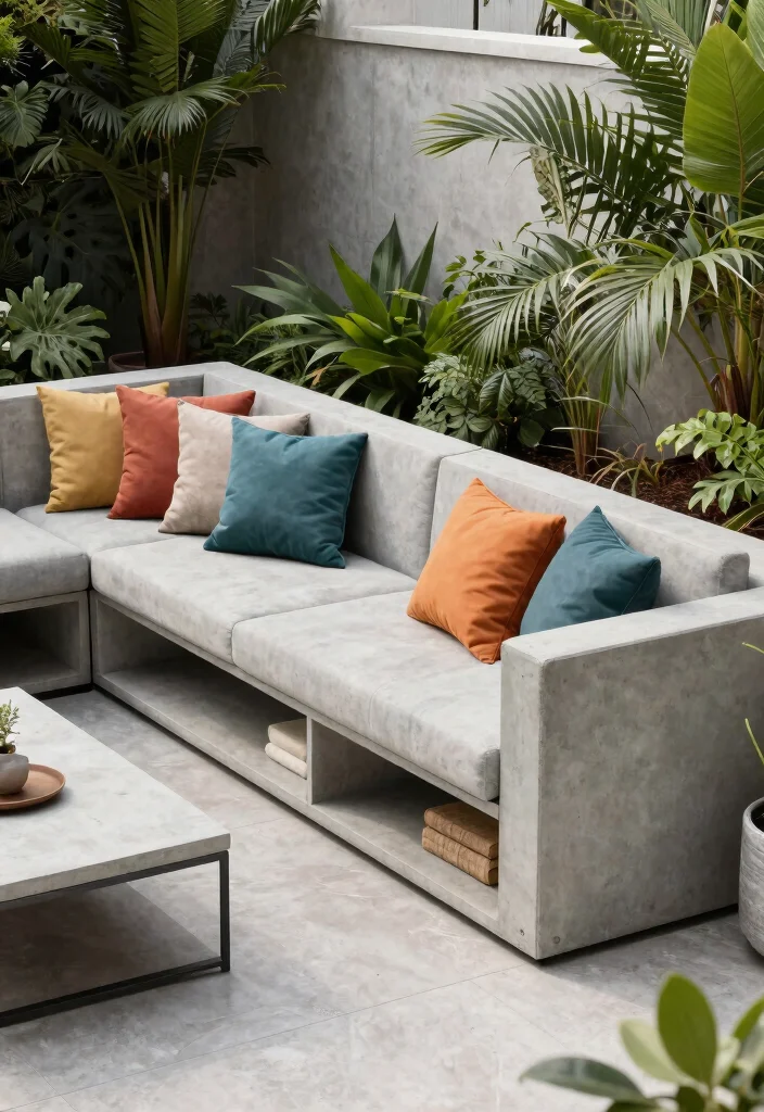 18 Concrete Slab Patio Ideas With Clean Contemporary Style - 16. Multi-Functional Outdoor Concrete Sofa 1