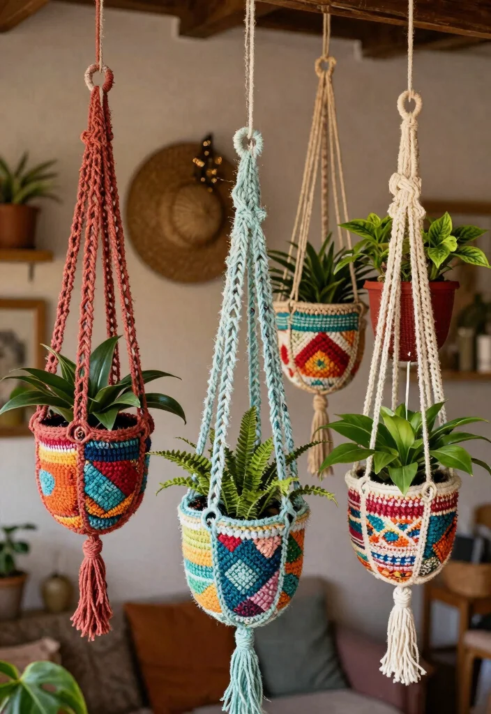 18 Crochet Hanging Planter Ideas With Boho Detail - 13. Upcycled Crochet Planters 1