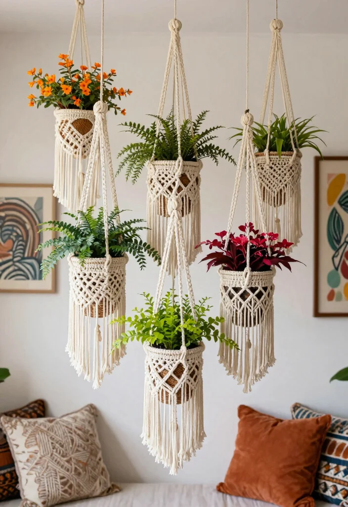 18 Crochet Hanging Planter Ideas With Boho Detail - 14. Artistic Fringed Crochet Planters 1