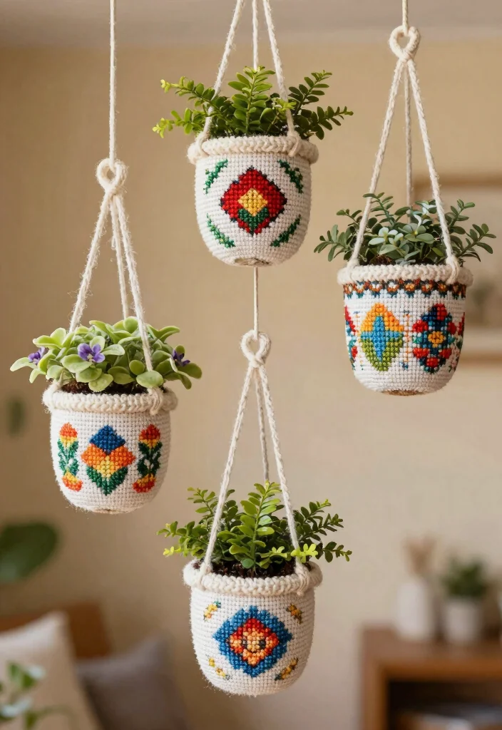 18 Crochet Hanging Planter Ideas With Boho Detail - 17. Cross-Stitch Crochet Planters 1