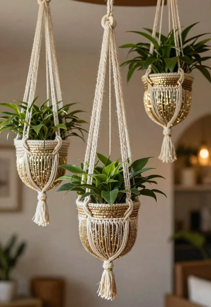 18 Crochet Hanging Planter Ideas With Boho Detail - 18. A Touch of Metallic 1