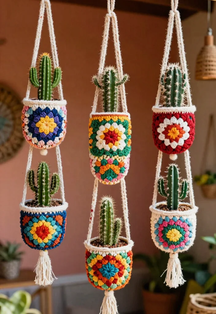 18 Crochet Hanging Planter Ideas With Boho Detail - 6. Old-School Granny Square Planters 1