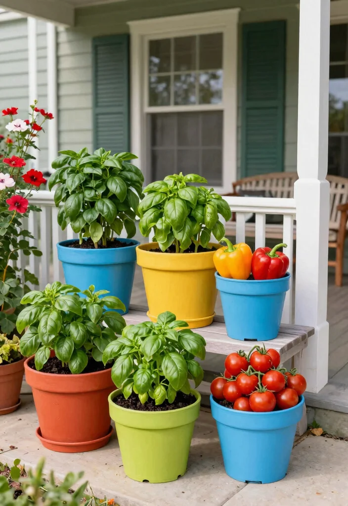 18 Front Yard Vegetable Garden Ideas With Fresh Harvest Style - 3. Colorful Container Gardens 1