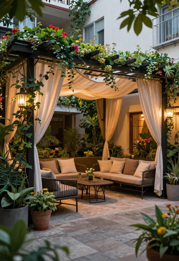 18 Outdoor Courtyard Design Ideas With Elegant Layout - 11. Shade Sails and Pergolas 1