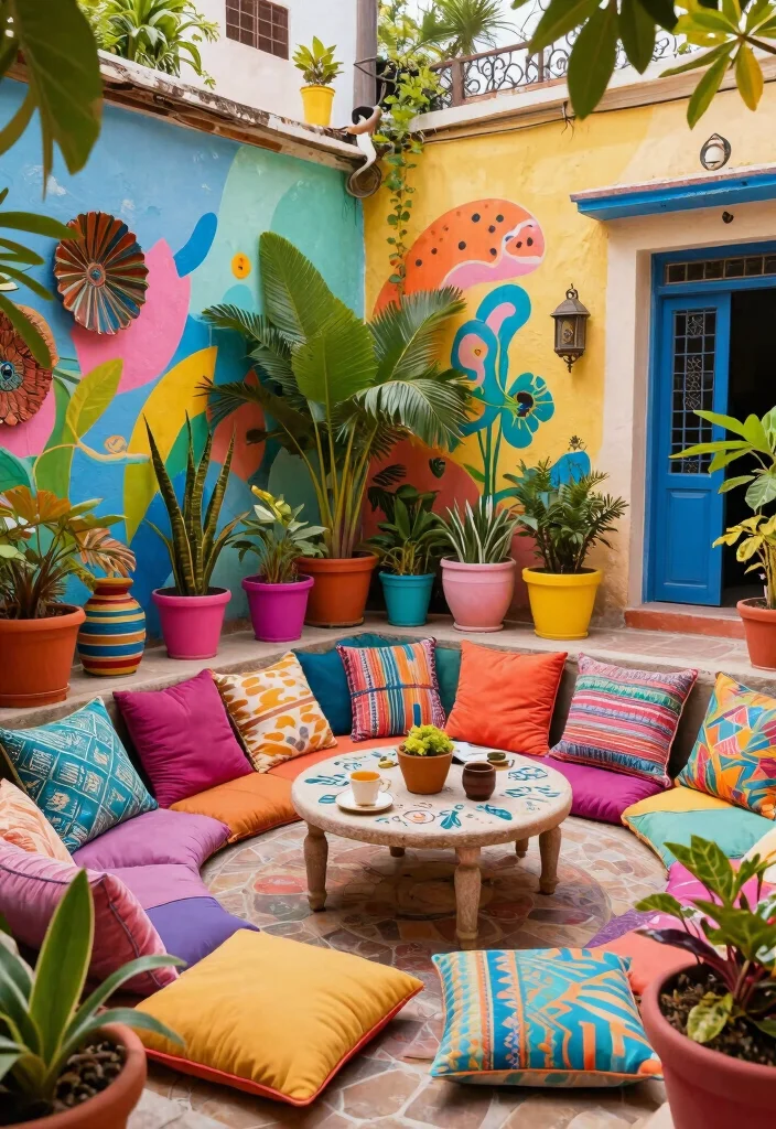 18 Outdoor Courtyard Design Ideas With Elegant Layout - 12. Bold Color Palettes 1