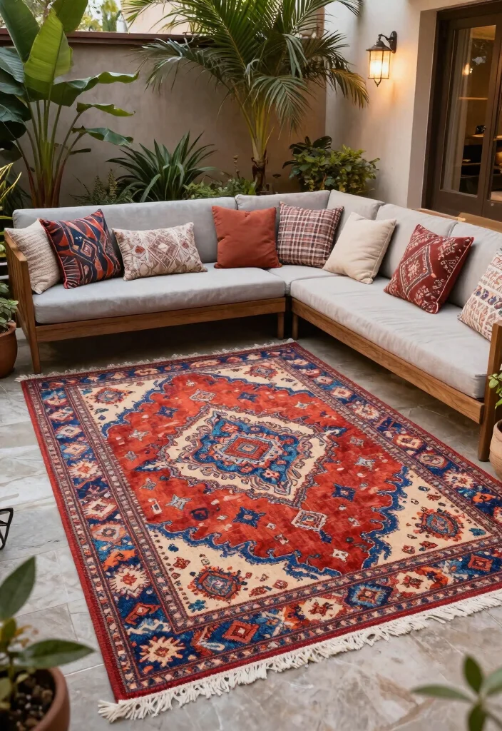 18 Outdoor Courtyard Design Ideas With Elegant Layout - 14. Outdoor Rugs 1