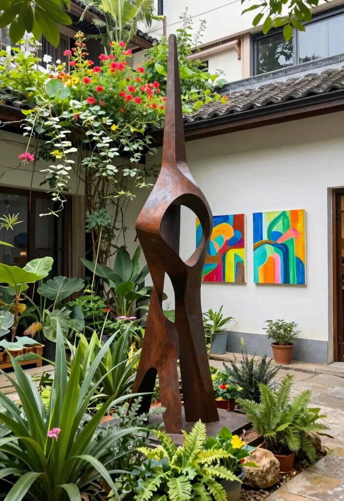 18 Outdoor Courtyard Design Ideas With Elegant Layout - 8. Outdoor Art Installations 1