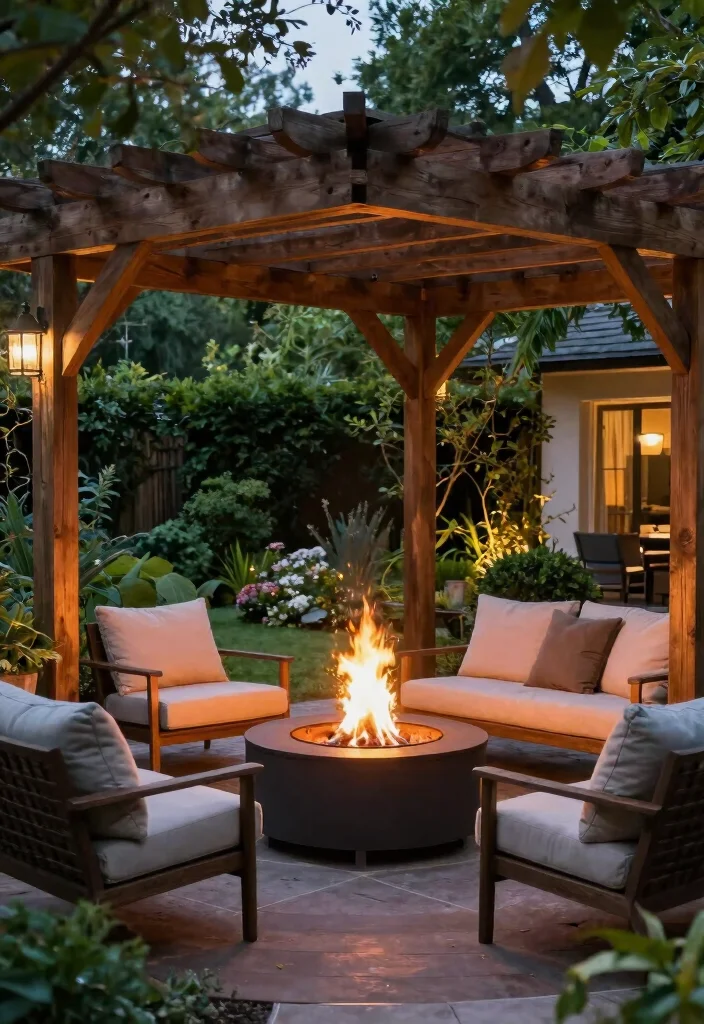 18 Pergola Holz Modern Ideas With Sleek Wood Design - 14. Pergola with Built-in Fire Pit 1