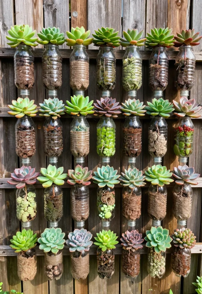 18 Plastic Bottle Planter Ideas With Creative DIY Style - 6. Vertical Succulent Garden 1