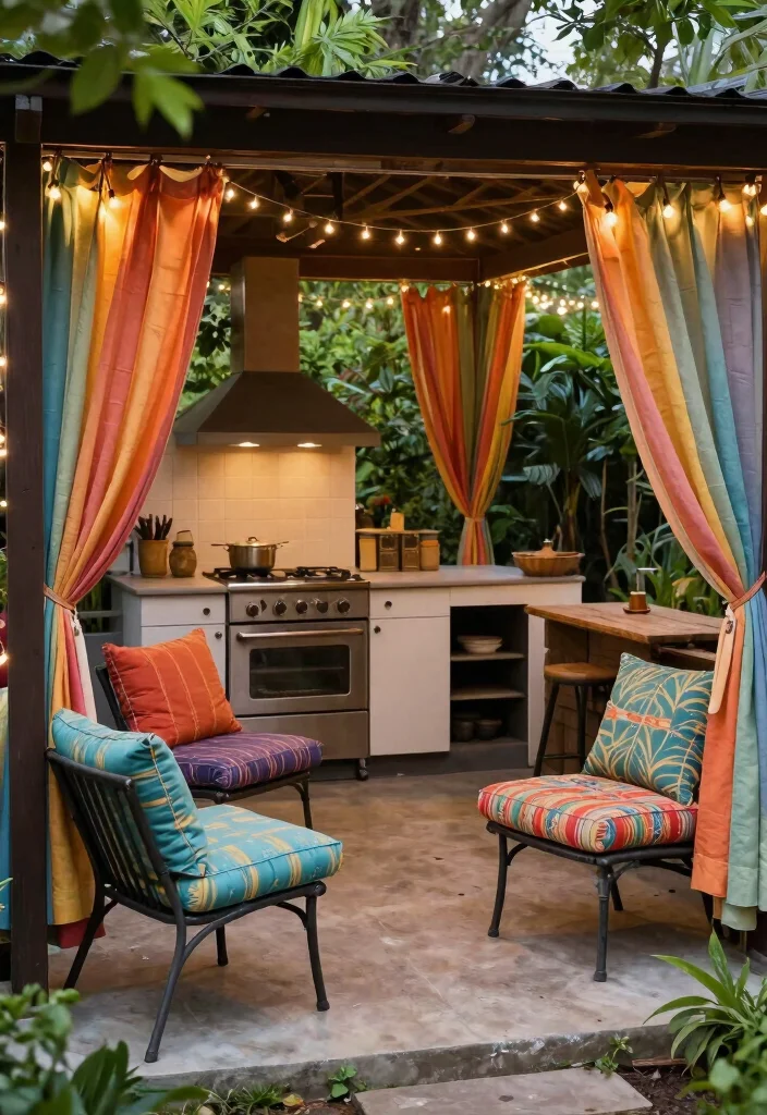 18 Small Outdoor Kitchen Ideas That Maximize Space - 17. Outdoor-Friendly Fabrics 1