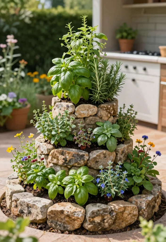 18 Small Outdoor Kitchen Ideas That Maximize Space - 8. Mini Herb Spiral Gardens 1