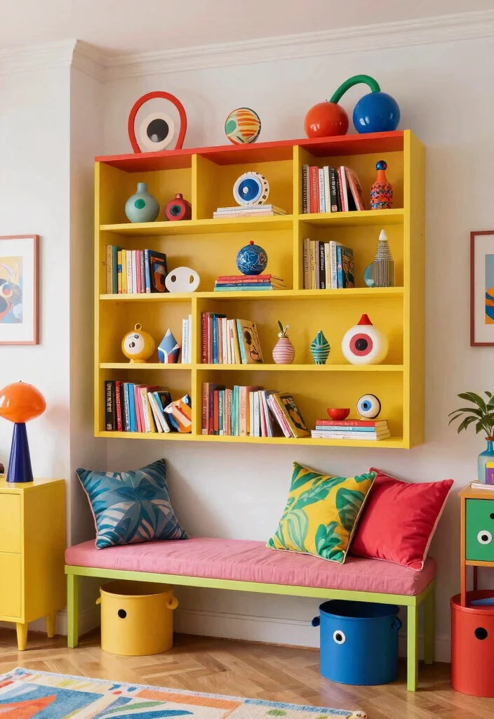 12 Bookshelves With Bench Seating for Small Spaces and Tight Corners - 8. Playful Pop 1