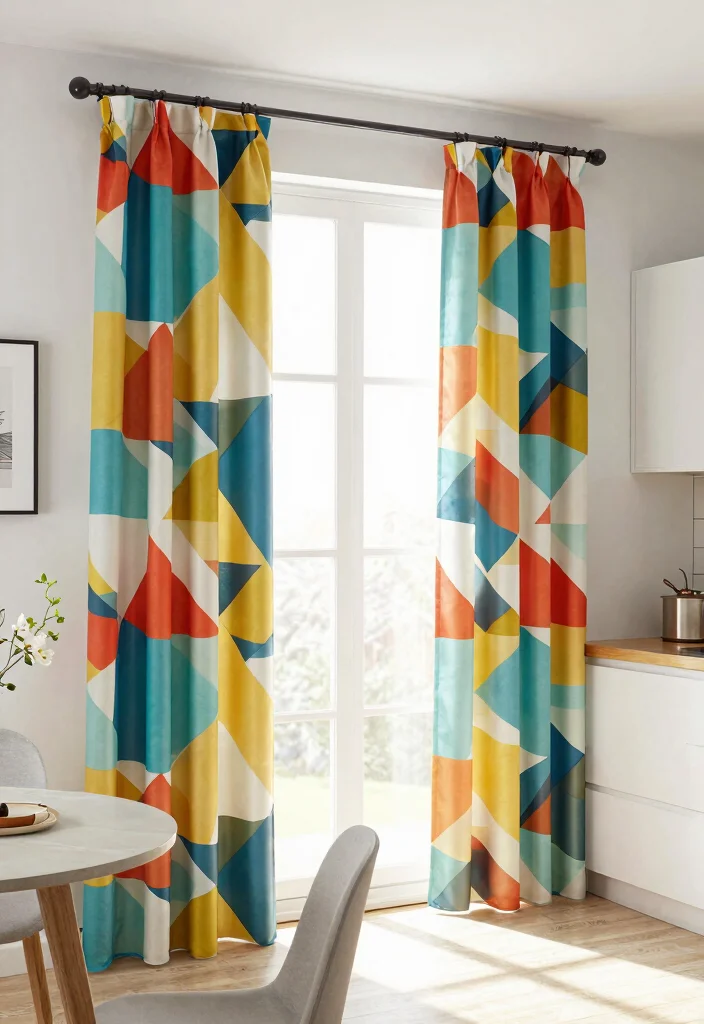 12 Curtains in Kitchens That Block Grease Splatter and Stay Clean - 10. Geometric Printed Curtains 1