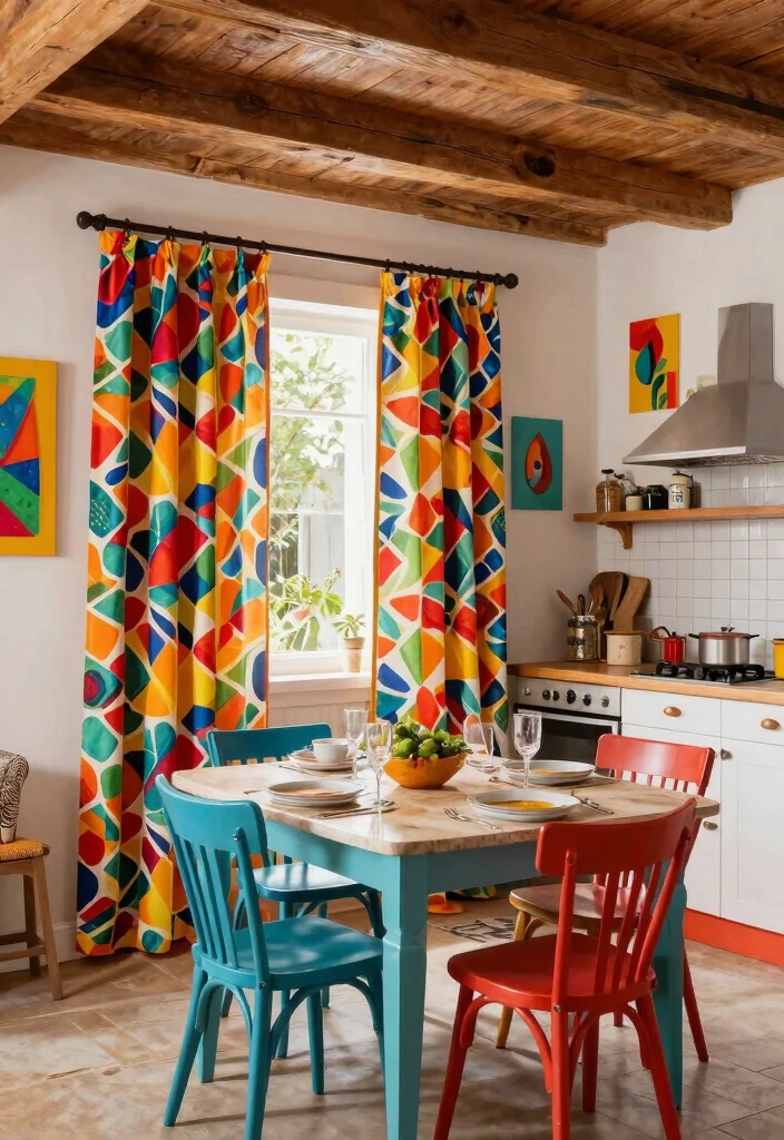 12 Curtains in Kitchens That Block Grease Splatter and Stay Clean - 3. Vibrant Patterns for a Lively Look 1