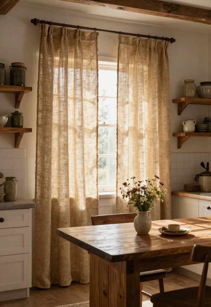 12 Curtains in Kitchens That Block Grease Splatter and Stay Clean - 5. Rustic Textured Drapes 1