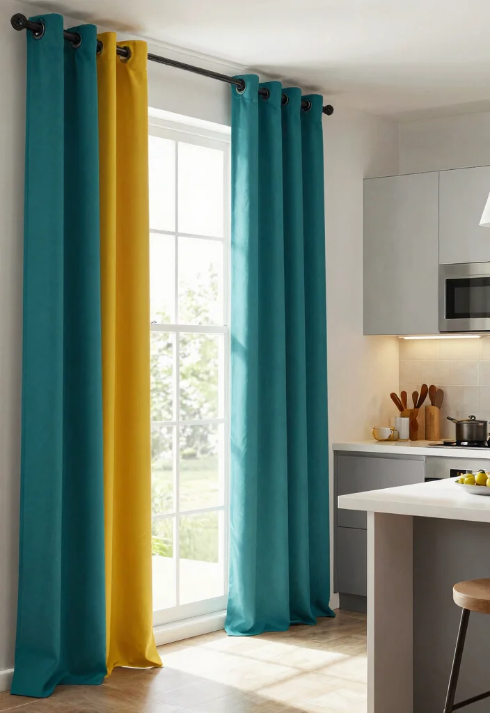 12 Curtains in Kitchens That Block Grease Splatter and Stay Clean - 8. Bold Color-Block Curtains 1