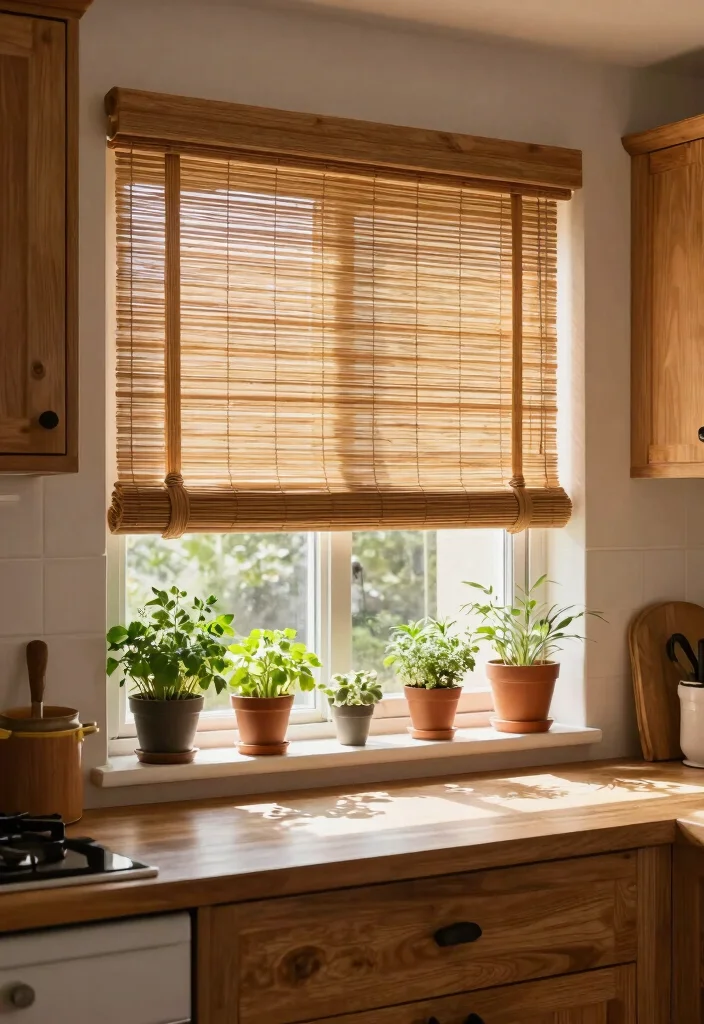 12 Curtains in Kitchens That Block Grease Splatter and Stay Clean - 9. Eco-Friendly Bamboo Blinds 1