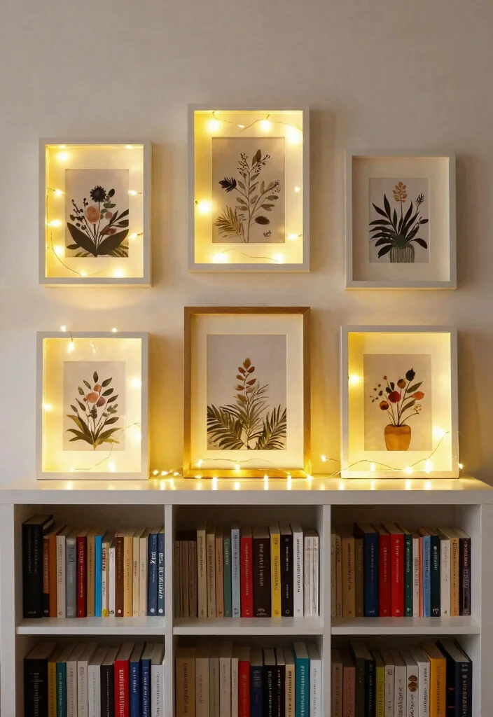 12 Fairy Lights Bookshelf Ideas That Don't Tangle or Overheat - 12. Fairy Lights in Wall Art Displays 1
