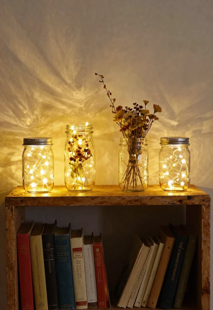 12 Fairy Lights Bookshelf Ideas That Don't Tangle or Overheat - 2. Rustic Mason Jar Displays 1