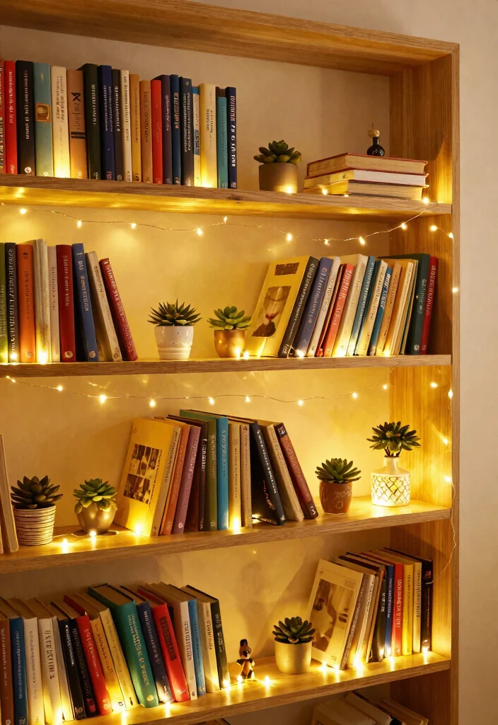 12 Fairy Lights Bookshelf Ideas That Don't Tangle or Overheat - 4. Layered Fairy Lights Behind Books 1