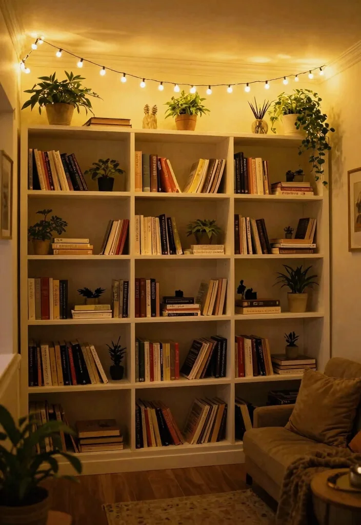12 Fairy Lights Bookshelf Ideas That Don't Tangle or Overheat - 6. Bookshelf Ceiling Lighting 1