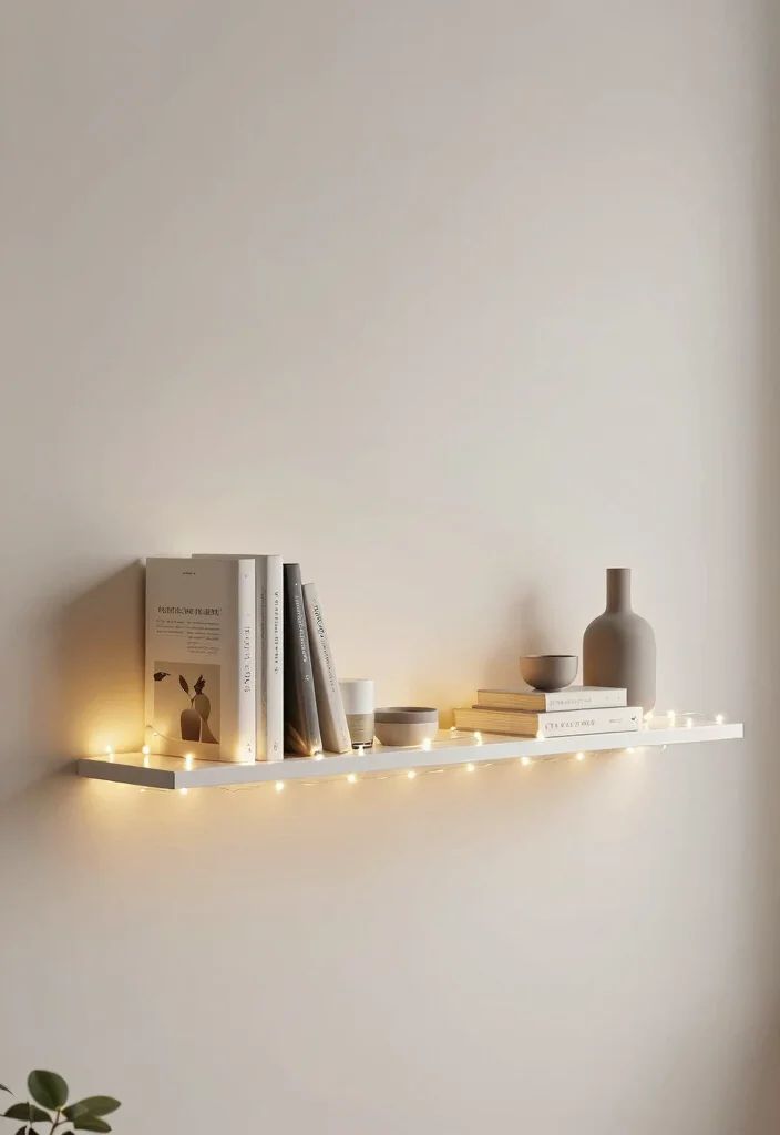 12 Fairy Lights Bookshelf Ideas That Don't Tangle or Overheat - 8. Floating Shelf Fairy Light Display 1