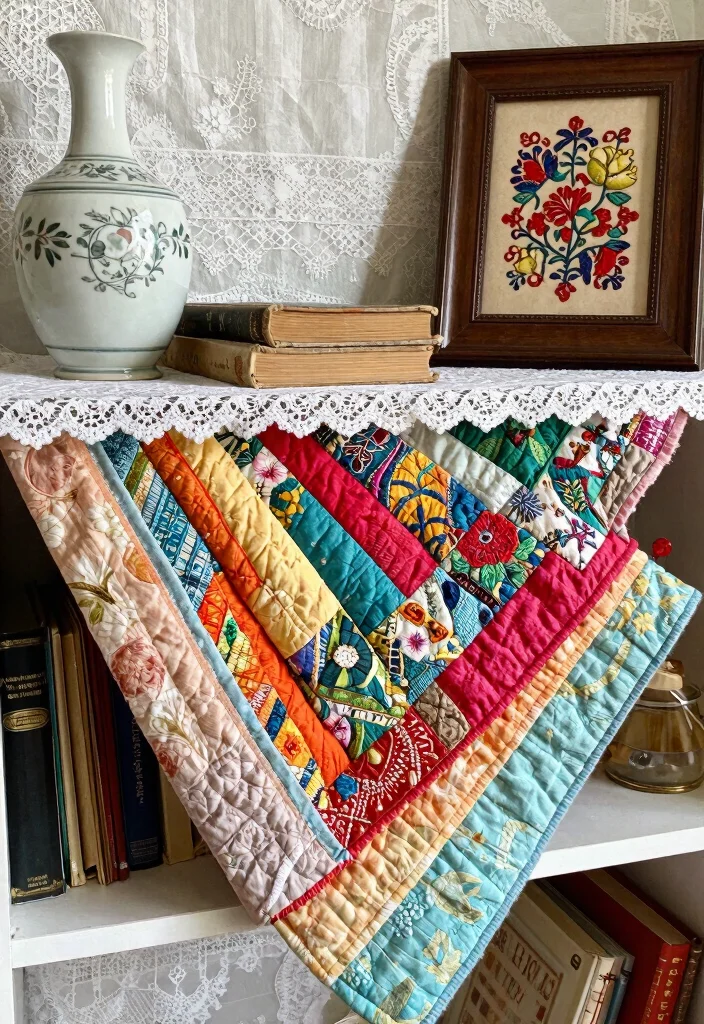 12 Vintage Shelf Decor Ideas That Don't Collect Dust - 1. Layered Textures with Vintage Fabrics 1