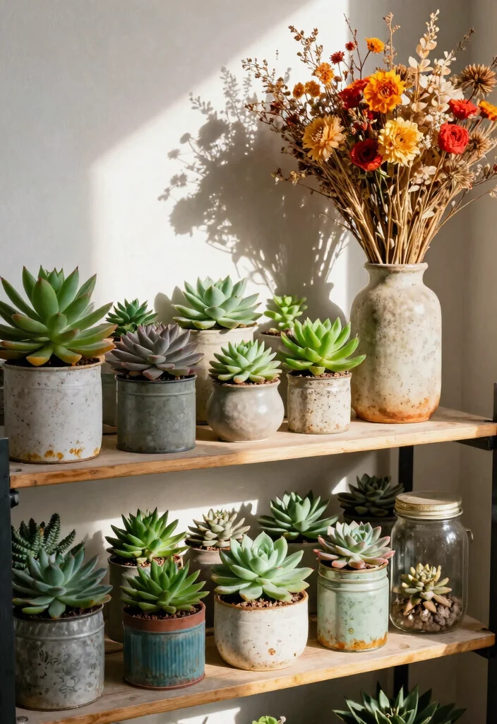 12 Vintage Shelf Decor Ideas That Don't Collect Dust - 4. Succulents and Dried Flowers 1