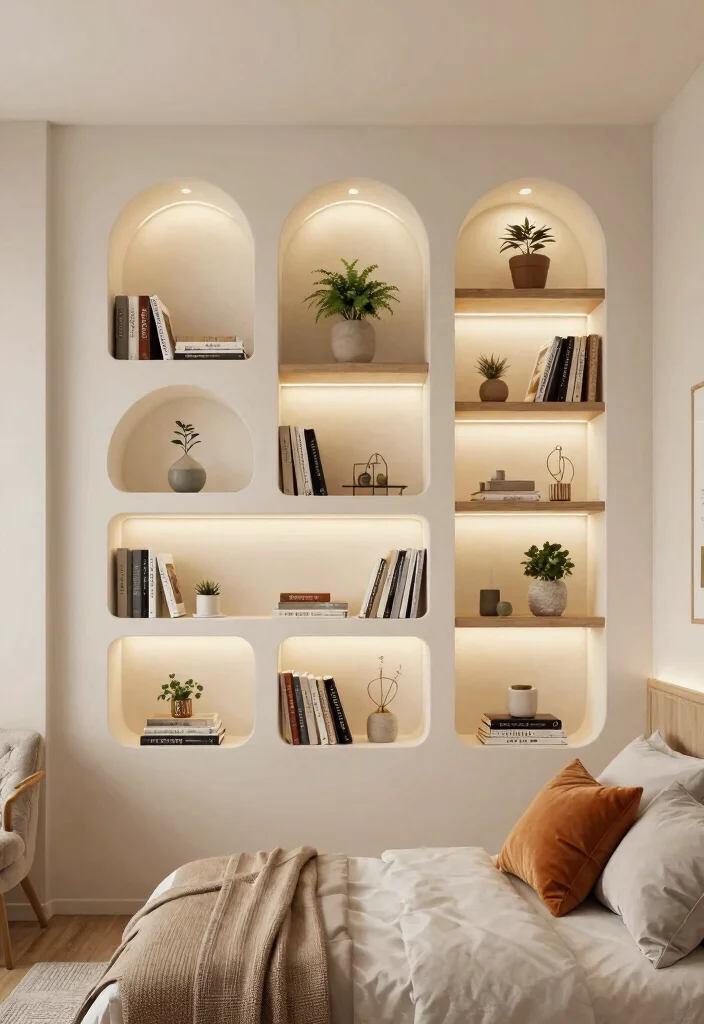 14 Bedroom Bookshelf Ideas That Save Floor Space - 11. Creative Niche Shelves 1