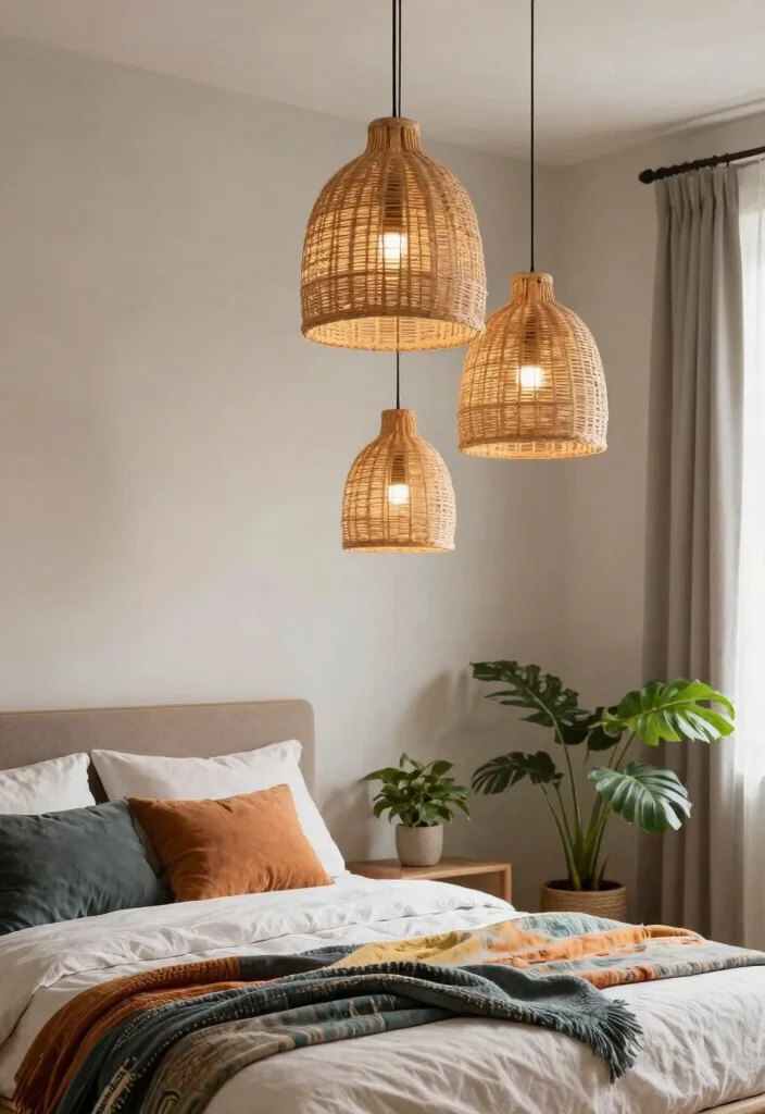 14 Colorful Pendant Light Options That Brighten a Neutral Room - 14. Whimsical Rattan Pendants 1
