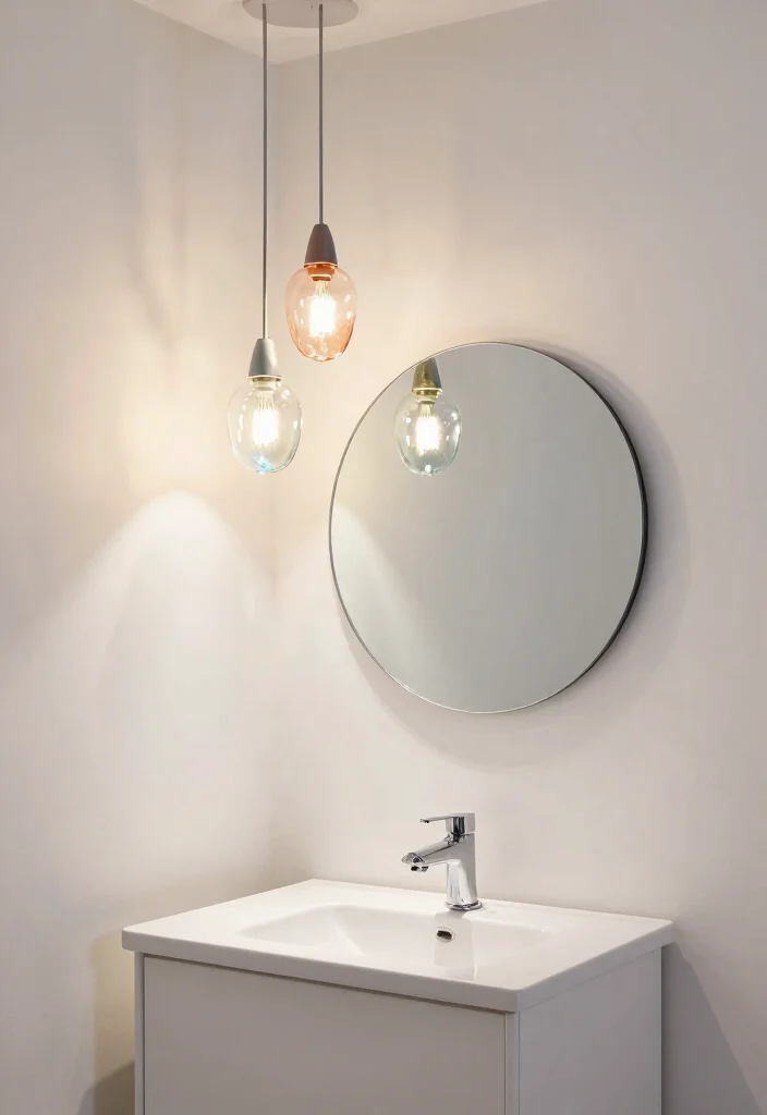14 Pendant Light Bathroom Vanity Ideas for Small and Narrow Spaces - 10. Glass Hanging Pendants with Color Accents 1