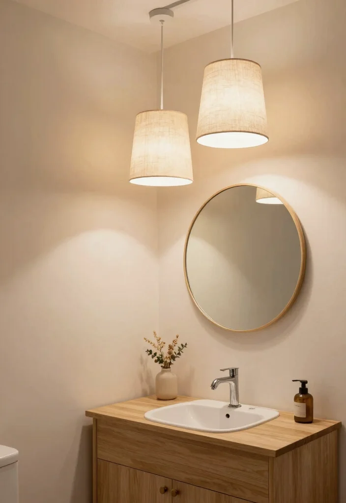 14 Pendant Light Bathroom Vanity Ideas for Small and Narrow Spaces - 11. Soft Fabric Pendant Fixtures 1