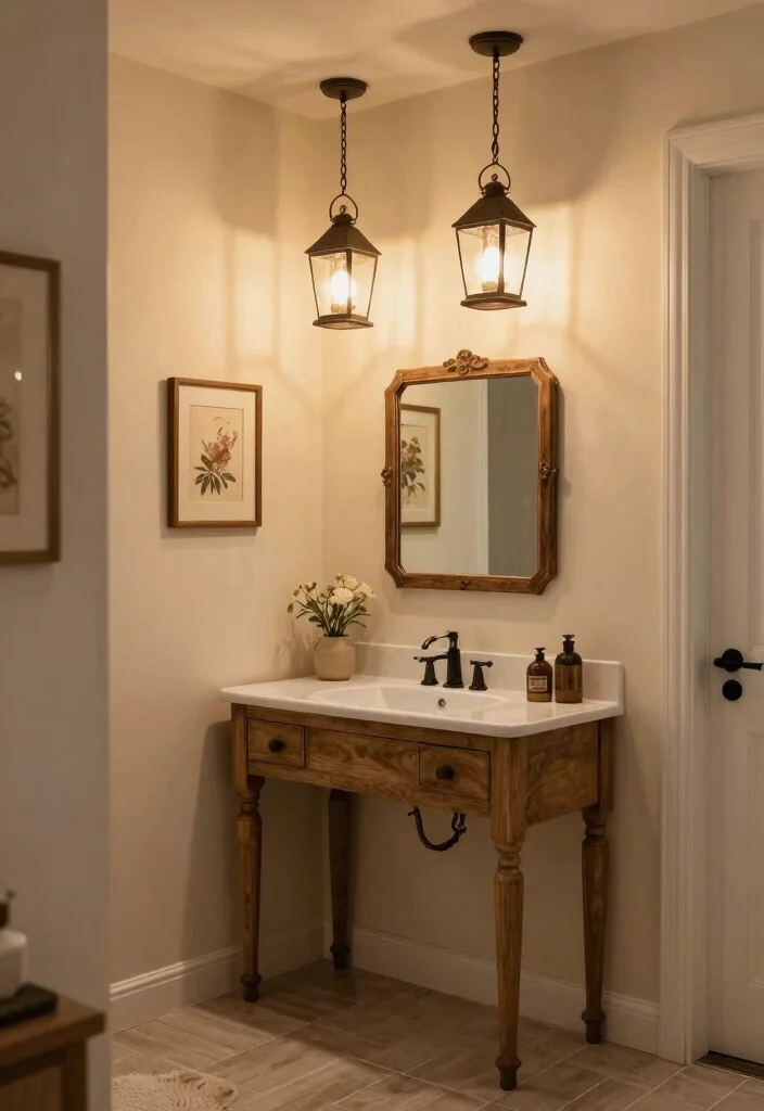 14 Pendant Light Bathroom Vanity Ideas for Small and Narrow Spaces - 4. Vintage Lantern Pendants 1