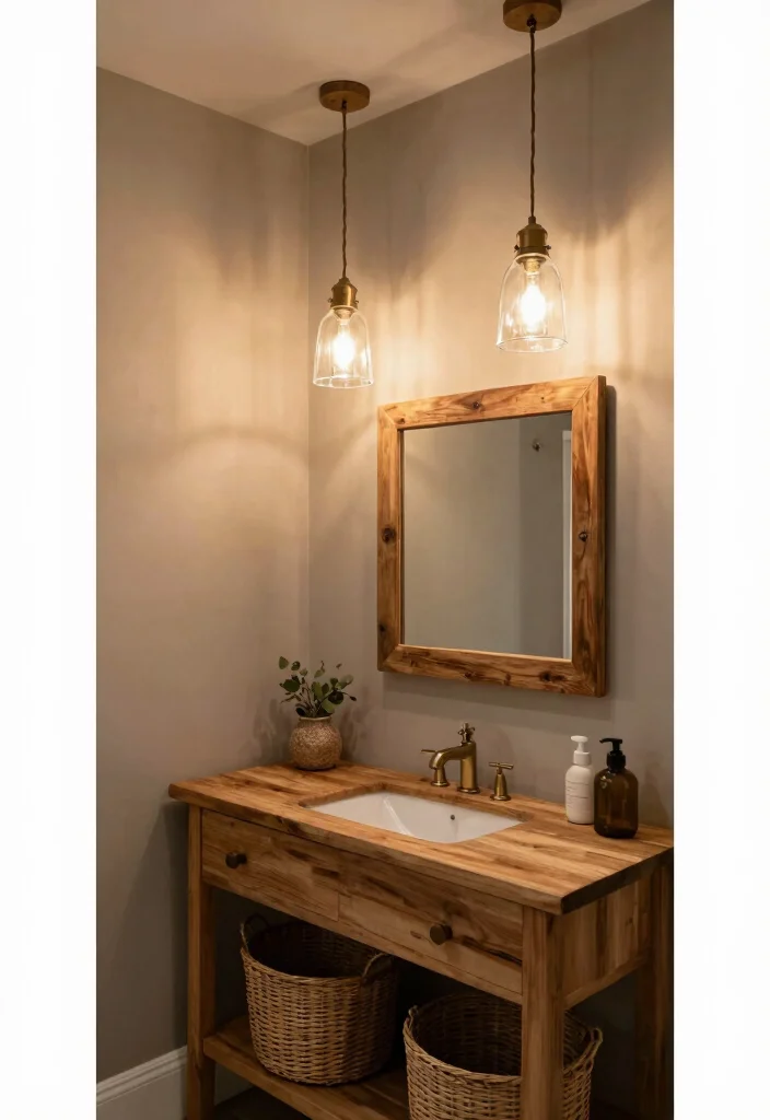 14 Pendant Light Bathroom Vanity Ideas for Small and Narrow Spaces - 6. Rustic Wood and Glass Pendants 1