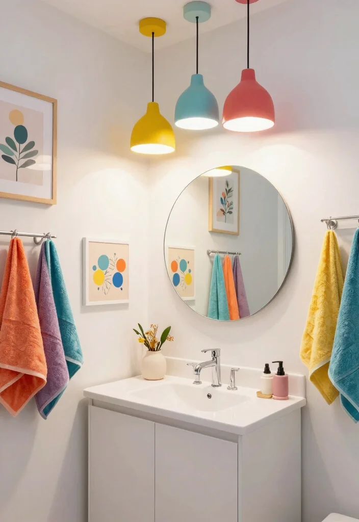 14 Pendant Light Bathroom Vanity Ideas for Small and Narrow Spaces - 7. Colorful Statement Pendants 1