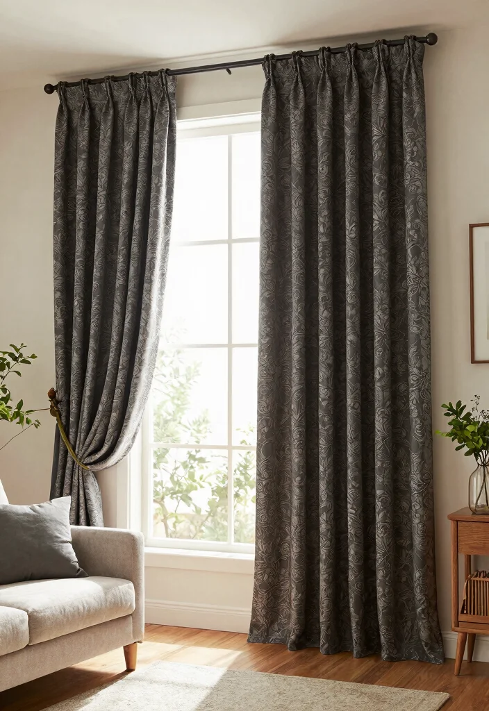 15 Dark Curtains for Living Room Privacy That Still Feel Bright - 11. Softly Printed Dark Curtains 1