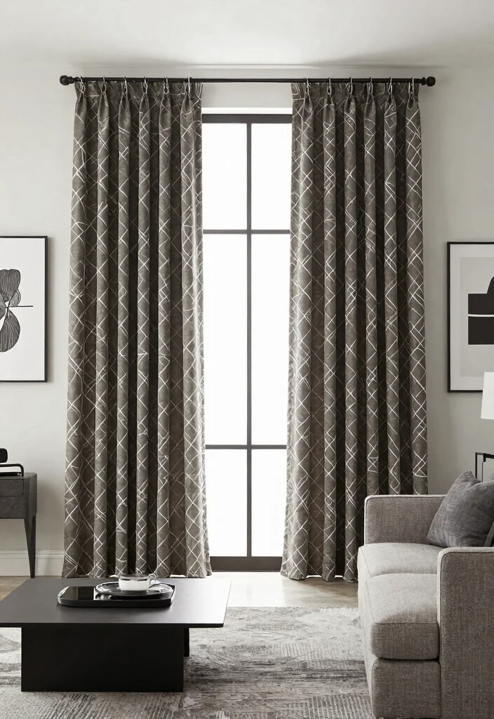 15 Dark Curtains for Living Room Privacy That Still Feel Bright - 7. Dark Neutrals with Geometric Patterns 1