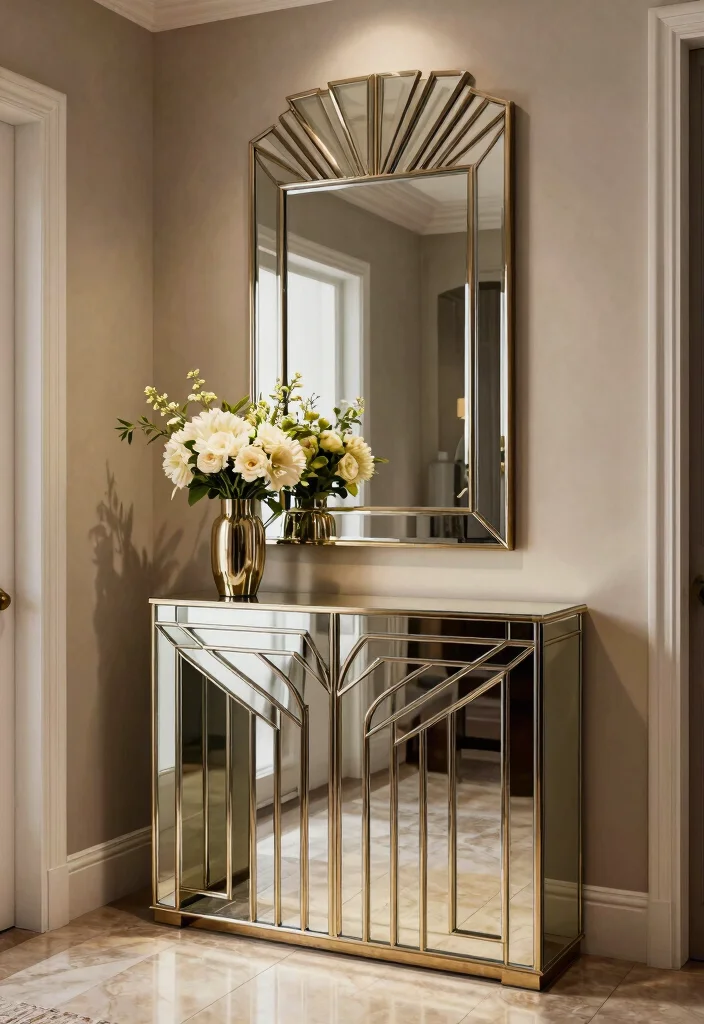 15 Entryway Decor Mirrors That Make Narrow Hallways Feel Wider - 7. Art Deco Mirrored Console 1