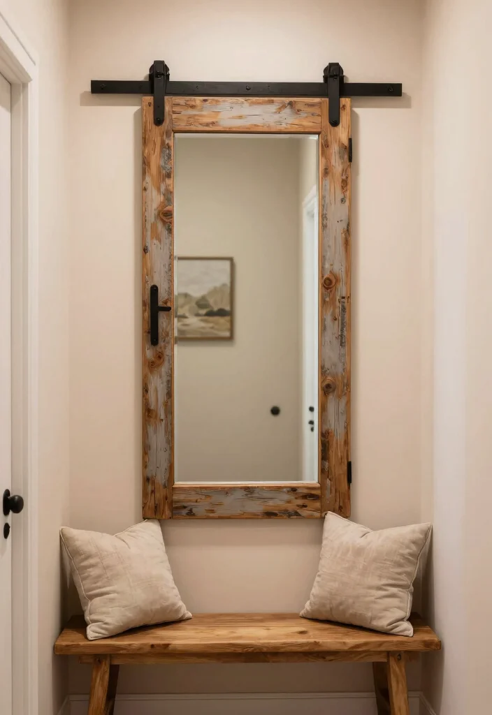 15 Entryway Decor Mirrors That Make Narrow Hallways Feel Wider - 9. Rustic Barn Door Mirror 1