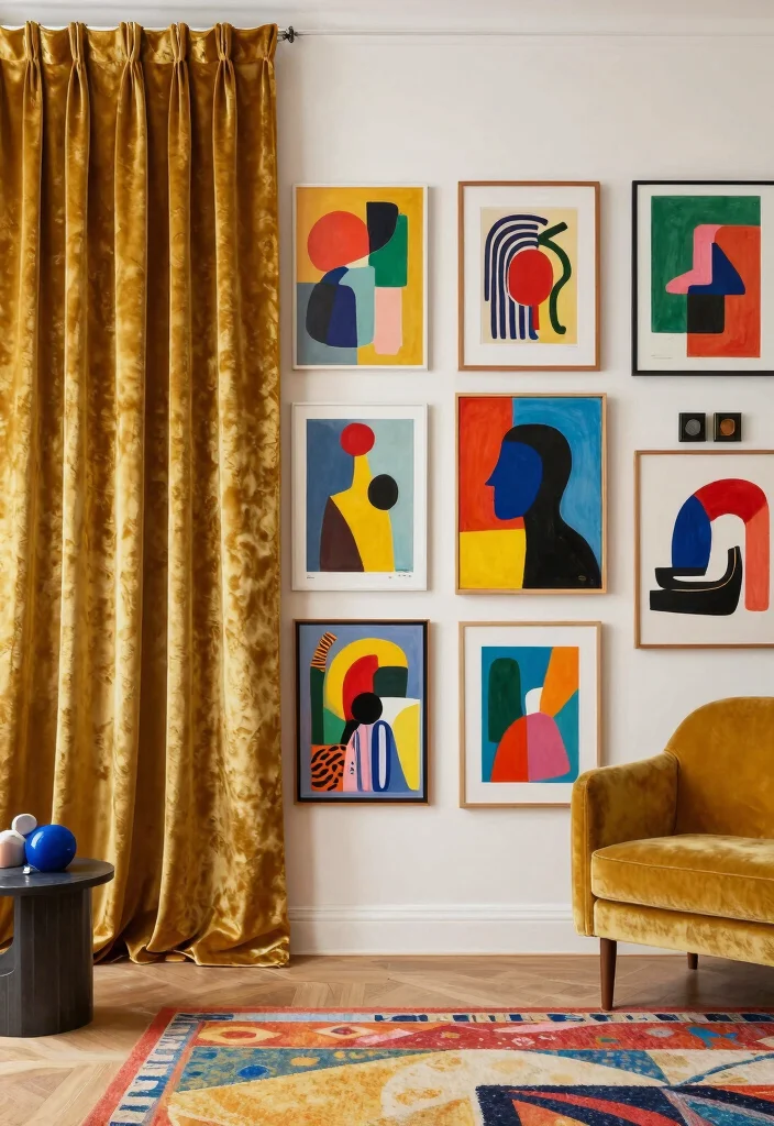 15 Gold Velvet Curtains That Don't Look Overly Formal - 13. Incorporate Bold Art 1