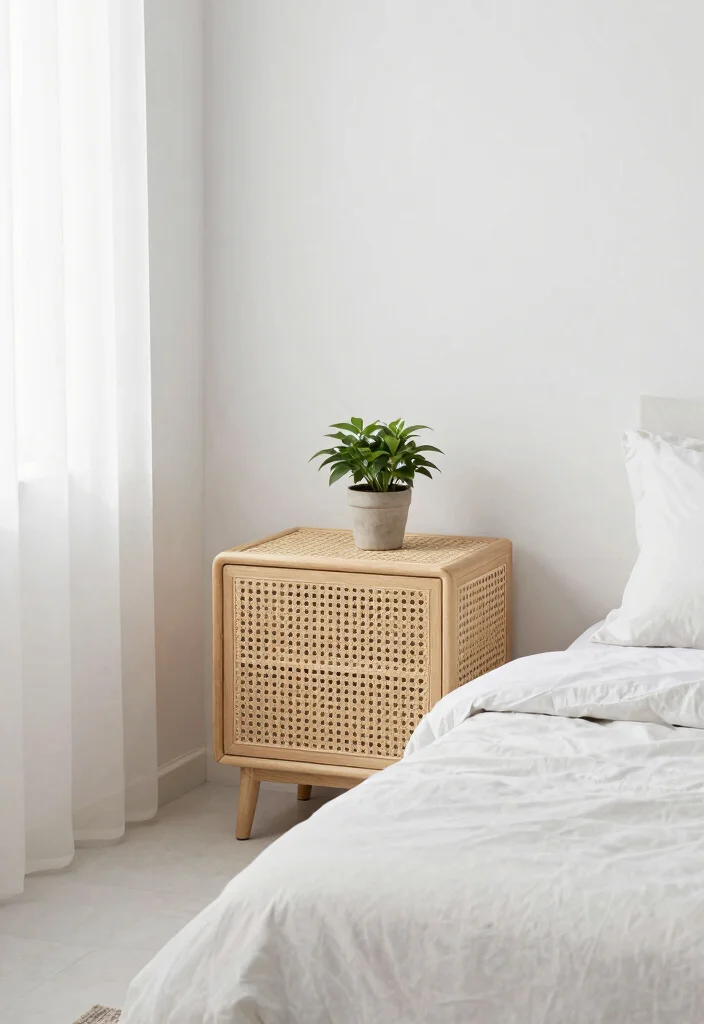 15 Rattan Nightstand Bedroom Ideas That Add Warmth to Modern Rooms - 1. Minimalist Rattan Elegance 1