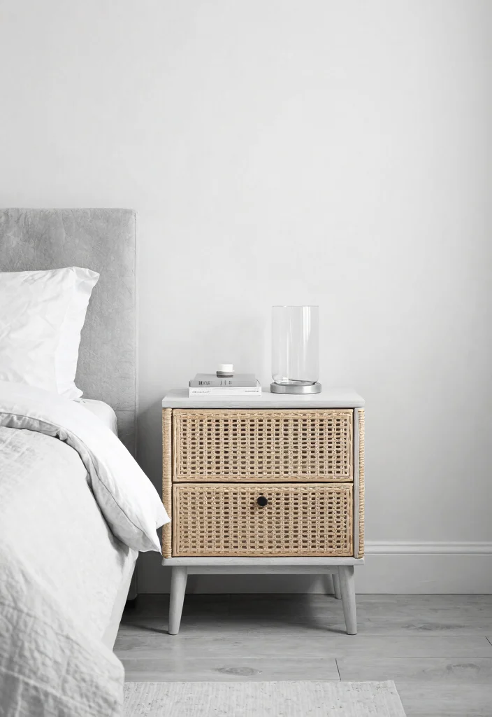 15 Rattan Nightstand Bedroom Ideas That Add Warmth to Modern Rooms - 12. Monochromatic Charm 1