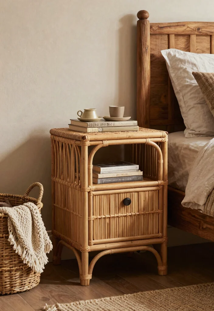 15 Rattan Nightstand Bedroom Ideas That Add Warmth to Modern Rooms - 5. Rustic Warmth 1