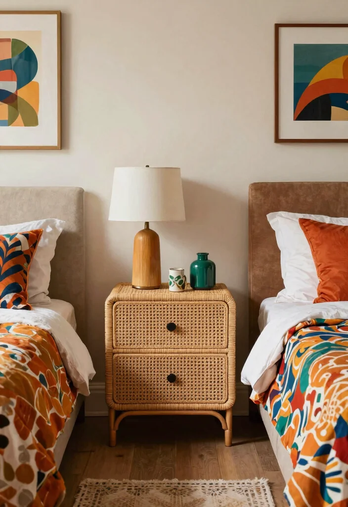 15 Rattan Nightstand Bedroom Ideas That Add Warmth to Modern Rooms - 8. Eclectic Mix 1