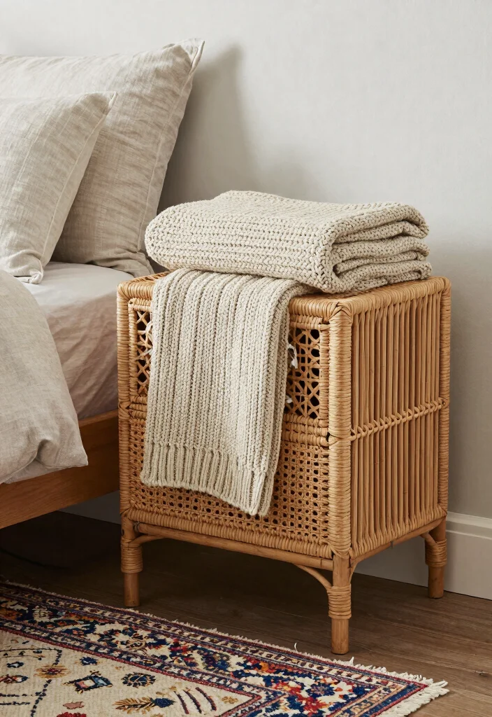 15 Rattan Nightstand Bedroom Ideas That Add Warmth to Modern Rooms - 9. Textured Layers 1